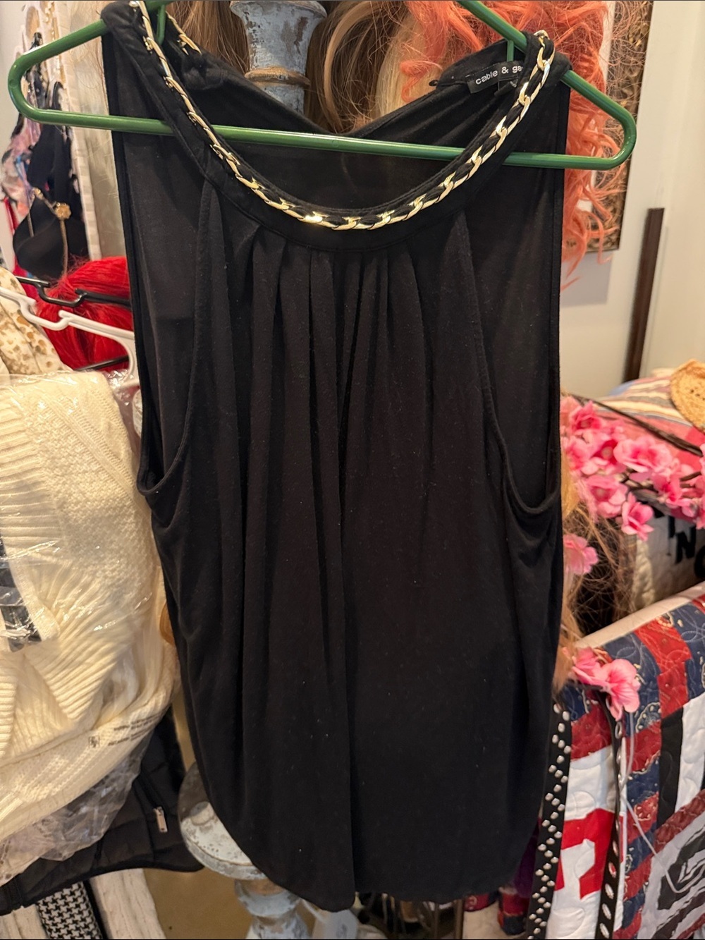 Cable & Gauge Black Sleeveless Tank with Gold Chain Trim